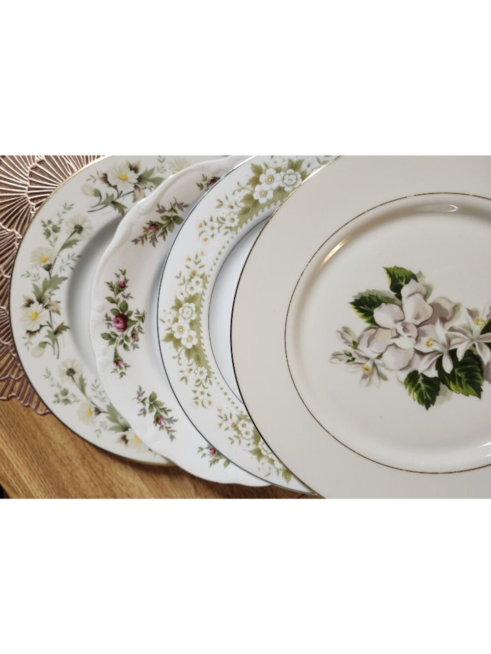Mismatched China Dinner Plates ~Greens ~10.5" Porcelain Eclectic Set of 4